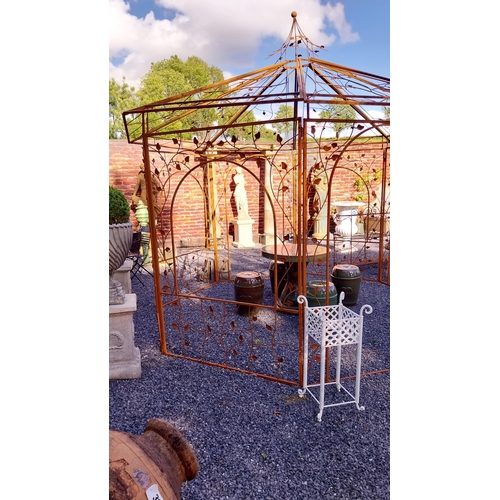 735 - Good quality wrought iron garden gazebo decorated with Ivy leaf {320 cm H x 360 cm Diam}.