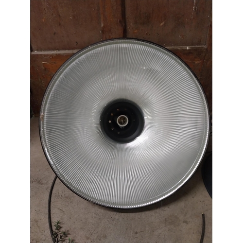 500A - Pair of Industrial painted metal hanging light shade with Holophane glass centre {45 cm H x 56 cm W ... 