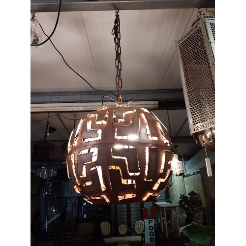 632 - Copper designer circular hanging light in working order {60 cm H x 50 cm W x 50 cm D}. (not availabl... 