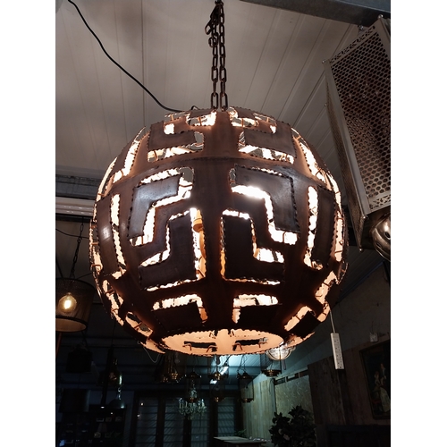 632 - Copper designer circular hanging light in working order {60 cm H x 50 cm W x 50 cm D}. (not availabl... 