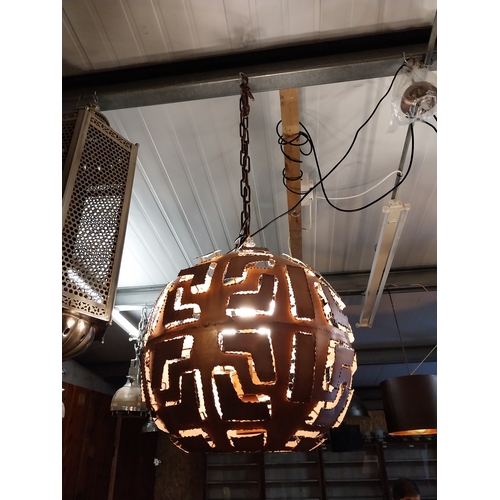 632 - Copper designer circular hanging light in working order {60 cm H x 50 cm W x 50 cm D}. (not availabl... 