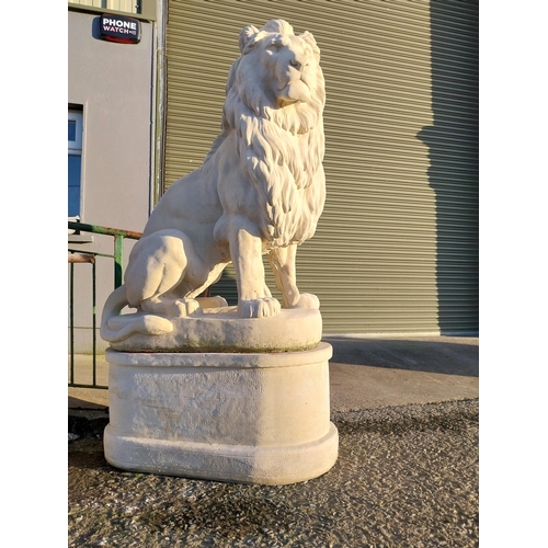 740 - Pair of good quality moulded stone seated lions on pedestals {182cm H x 110cm W x 58cm D}