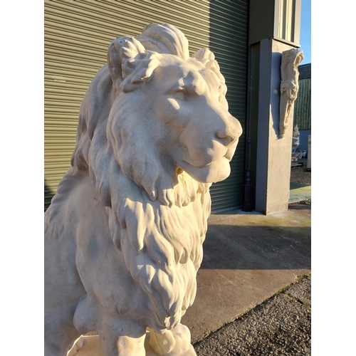 740 - Pair of good quality moulded stone seated lions on pedestals {182cm H x 110cm W x 58cm D}