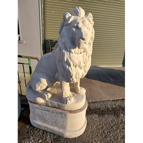 740 - Pair of good quality moulded stone seated lions on pedestals {182cm H x 110cm W x 58cm D}