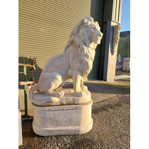 740 - Pair of good quality moulded stone seated lions on pedestals {182cm H x 110cm W x 58cm D}