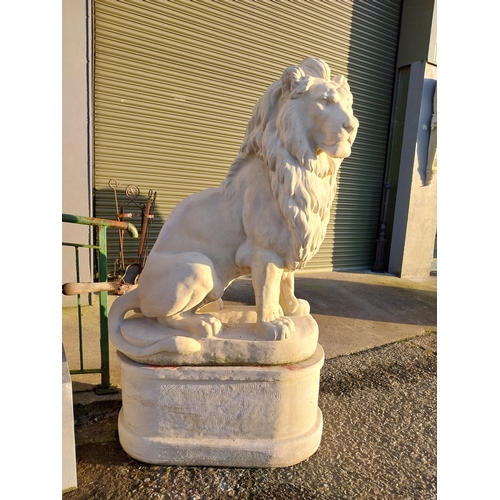 740 - Pair of good quality moulded stone seated lions on pedestals {182cm H x 110cm W x 58cm D}