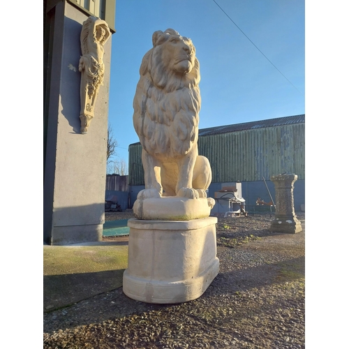 740 - Pair of good quality moulded stone seated lions on pedestals {182cm H x 110cm W x 58cm D}