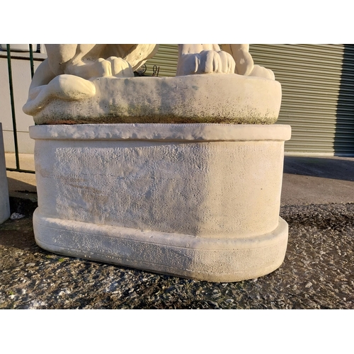 740 - Pair of good quality moulded stone seated lions on pedestals {182cm H x 110cm W x 58cm D}