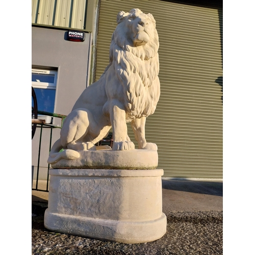 740 - Pair of good quality moulded stone seated lions on pedestals {182cm H x 110cm W x 58cm D}