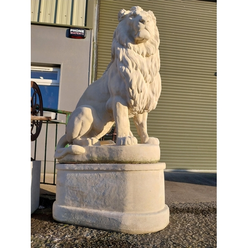 740 - Pair of good quality moulded stone seated lions on pedestals {182cm H x 110cm W x 58cm D}