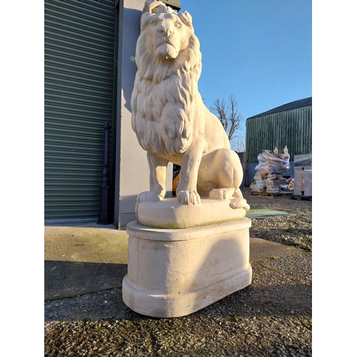 740 - Pair of good quality moulded stone seated lions on pedestals {182cm H x 110cm W x 58cm D}