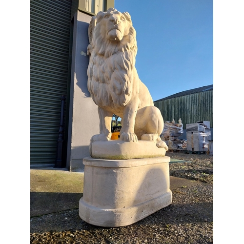 740 - Pair of good quality moulded stone seated lions on pedestals {182cm H x 110cm W x 58cm D}