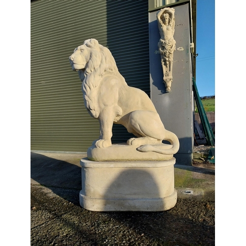 740 - Pair of good quality moulded stone seated lions on pedestals {182cm H x 110cm W x 58cm D}