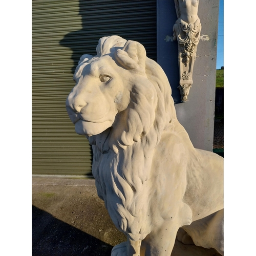 740 - Pair of good quality moulded stone seated lions on pedestals {182cm H x 110cm W x 58cm D}