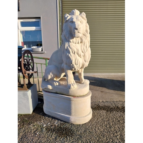 740 - Pair of good quality moulded stone seated lions on pedestals {182cm H x 110cm W x 58cm D}