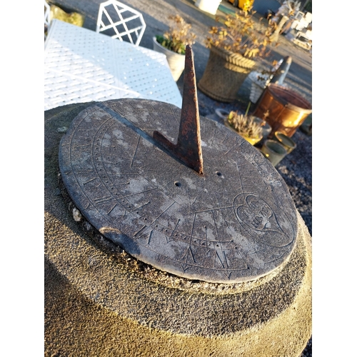 743 - Early 20th C  slate sundial on moulded stone reeded column {147cm H x 46cm Dia.}