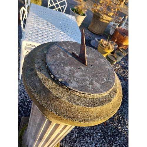 743 - Early 20th C  slate sundial on moulded stone reeded column {147cm H x 46cm Dia.}