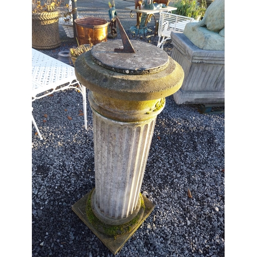 743 - Early 20th C  slate sundial on moulded stone reeded column {147cm H x 46cm Dia.}