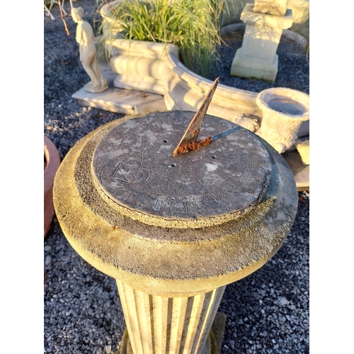 743 - Early 20th C  slate sundial on moulded stone reeded column {147cm H x 46cm Dia.}