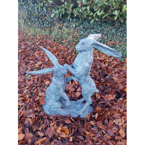 745 - Pair of exceptional quality verdigris bronze  hares at play {78cm H x 75cm W x 37cm D}