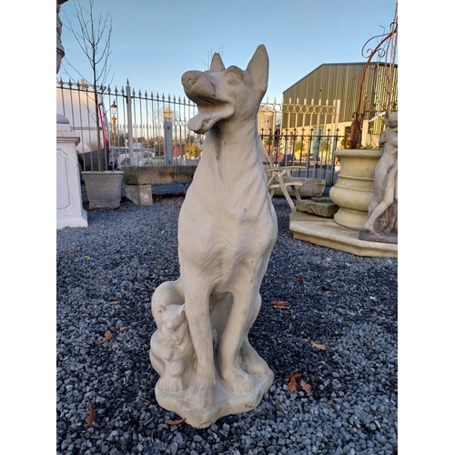 750 - Molded stone model of an Alsation dog with pups {97cm H x 50cm W x 36cm D}