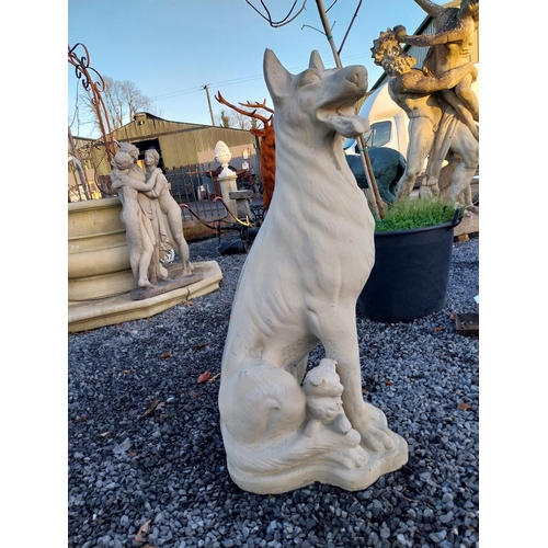 750 - Molded stone model of an Alsation dog with pups {97cm H x 50cm W x 36cm D}