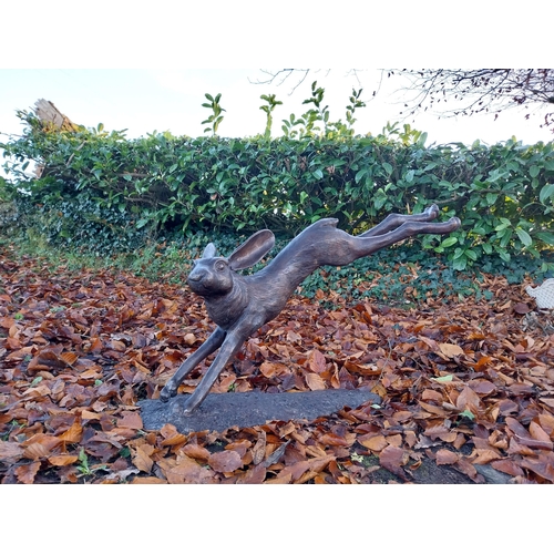 751 - Exceptional quality bronze sculpture of a leaping hare {58cm H x 100cm W x 30cm D}