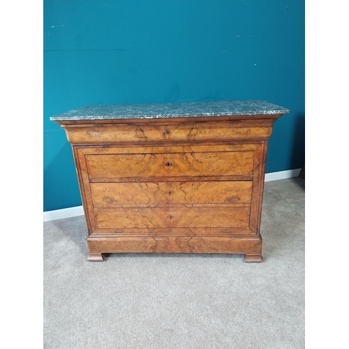 754 - 19th C. French burr walnut chest of drawers with marble top with four drawers on bracket feet. {100 ... 