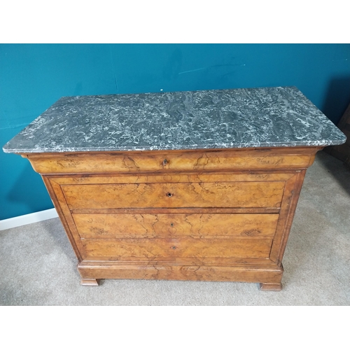 754 - 19th C. French burr walnut chest of drawers with marble top with four drawers on bracket feet. {100 ... 