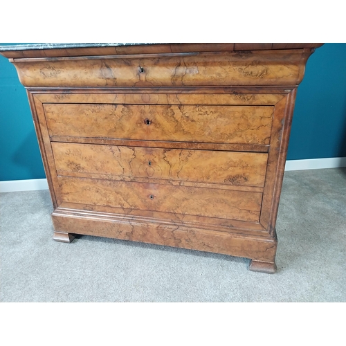 754 - 19th C. French burr walnut chest of drawers with marble top with four drawers on bracket feet. {100 ... 