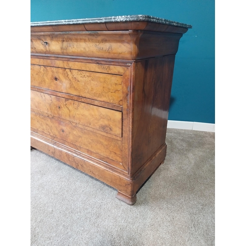 754 - 19th C. French burr walnut chest of drawers with marble top with four drawers on bracket feet. {100 ... 