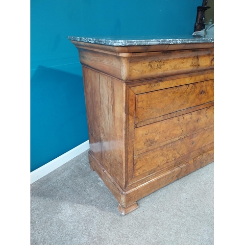 754 - 19th C. French burr walnut chest of drawers with marble top with four drawers on bracket feet. {100 ... 