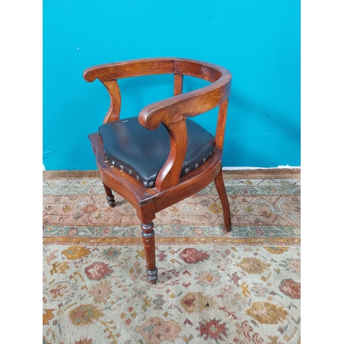 762 - Edwardian oak office chair with inset leather seat, raised on turned legs { 74cm H X 58cm W X 52cm D... 