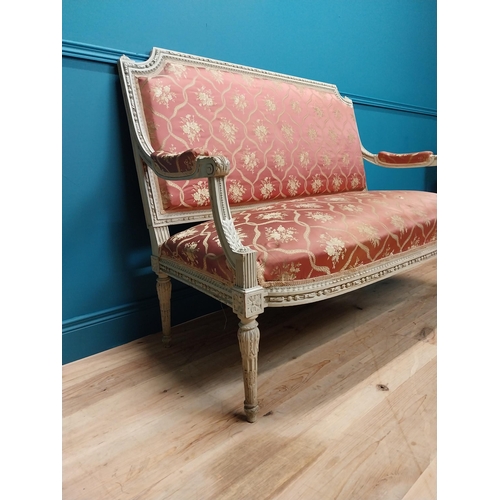 765 - 19th C. two seater French sofa with carved  pine frame and upholstered seat on reeded legs {104cm H ... 