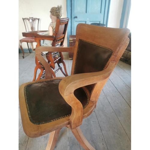 768 - 1930s mahogany swivel office chair with leather upholstered inset seat { 92cm H X 60cm W X 51cm D }.... 