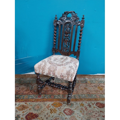 770 - Pair of carved oak hall chairs with upholstered seats { 107cm H X 49cm W X 45cm D }. { cm H  cm W cm... 