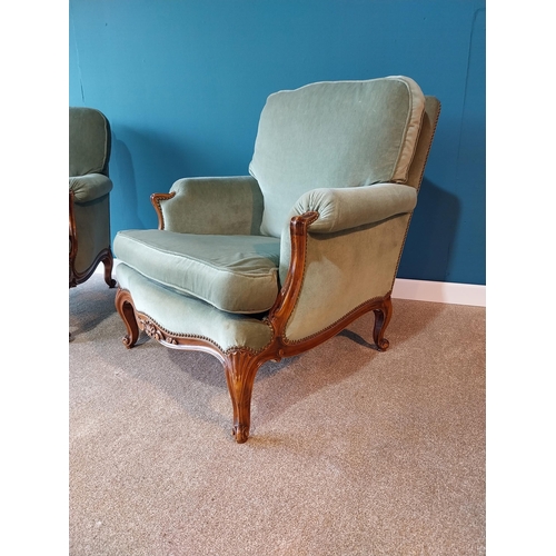 780 - Pair of good quality Early 20th C. walnut and upholstered crush velvet armchairs raised cabriole leg... 