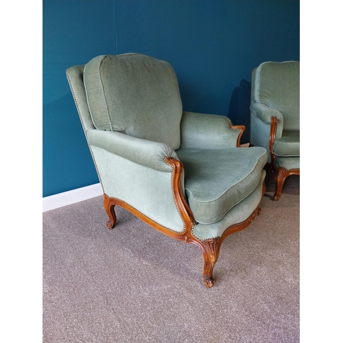 780 - Pair of good quality Early 20th C. walnut and upholstered crush velvet armchairs raised cabriole leg... 