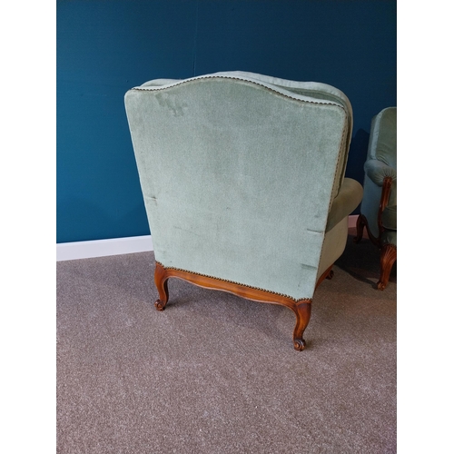 780 - Pair of good quality Early 20th C. walnut and upholstered crush velvet armchairs raised cabriole leg... 