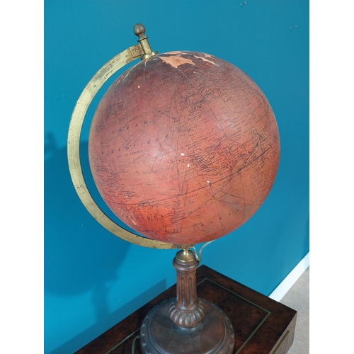 781 - Rare early 20th C. light up glass world globe on brass and walnut stand {63 cm H x 34 cm W x 30 cm D... 