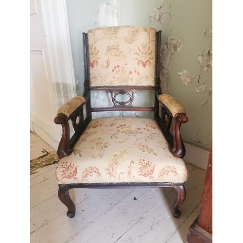 784 - 19th C. carved mahogany and upholstered arm chair raised on cabriole legs {96 cm H x 66 cm W x 70 cm... 