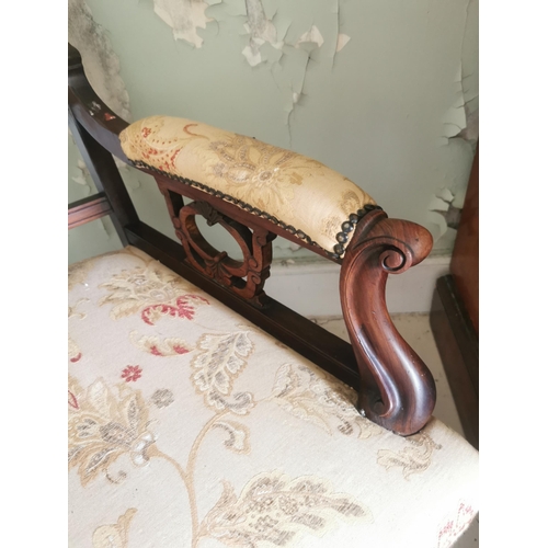 784 - 19th C. carved mahogany and upholstered arm chair raised on cabriole legs {96 cm H x 66 cm W x 70 cm... 