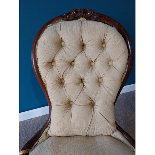 785 - Victorian mahogany and upholstered nursing chair raised on cabriole legs with brass and ceramic cast... 