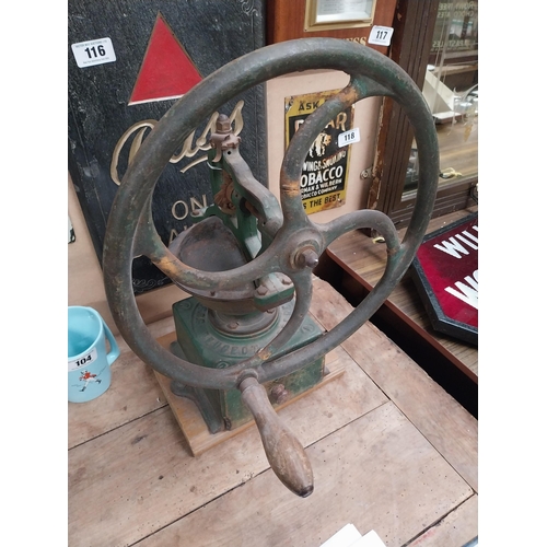 106 - 19th C. cast iron and wooden coffee grinder. {51 cm H x 24 cm W x 31 cm W}.150