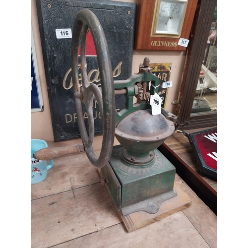 106 - 19th C. cast iron and wooden coffee grinder. {51 cm H x 24 cm W x 31 cm W}.150