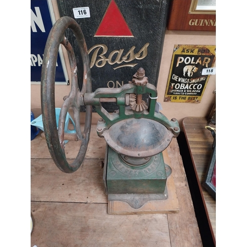 106 - 19th C. cast iron and wooden coffee grinder. {51 cm H x 24 cm W x 31 cm W}.150