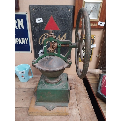 106 - 19th C. cast iron and wooden coffee grinder. {51 cm H x 24 cm W x 31 cm W}.150