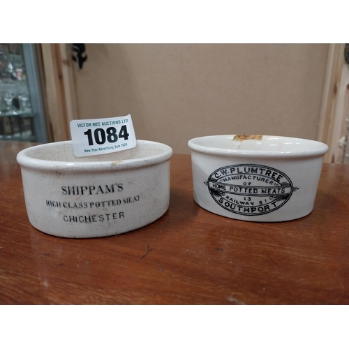 1084 - Two 19th C. Ceramic jars W Plumtree and Shippam's {4 cm H x 8 cm Dia.}