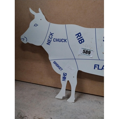 589 - Tin plate Butchers advertisement in the form of a Cow. {23 cm H x 49 cm W}.