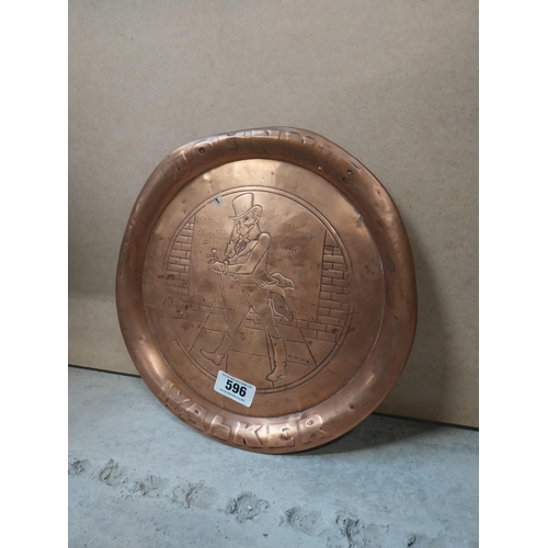 596 - Johnnie Walker Whiskey copper drinks tray. {34 cm Dia.}.